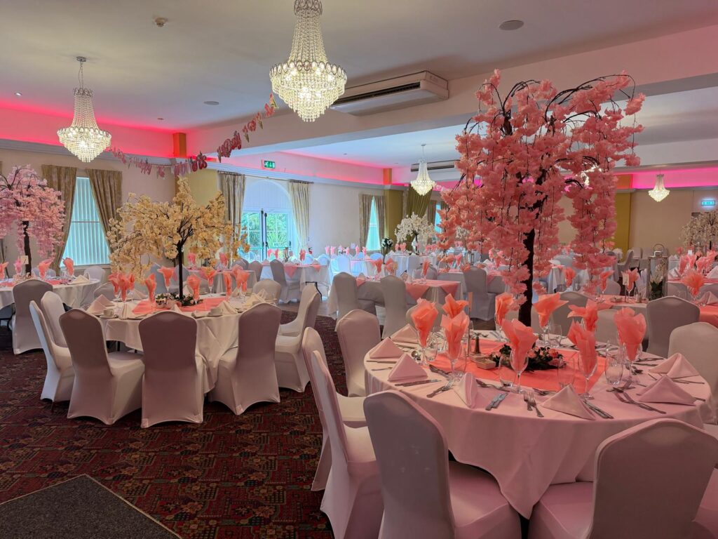 Blossom tree table centrepieces set up for Mother's Day at The Elms Hotel Retford